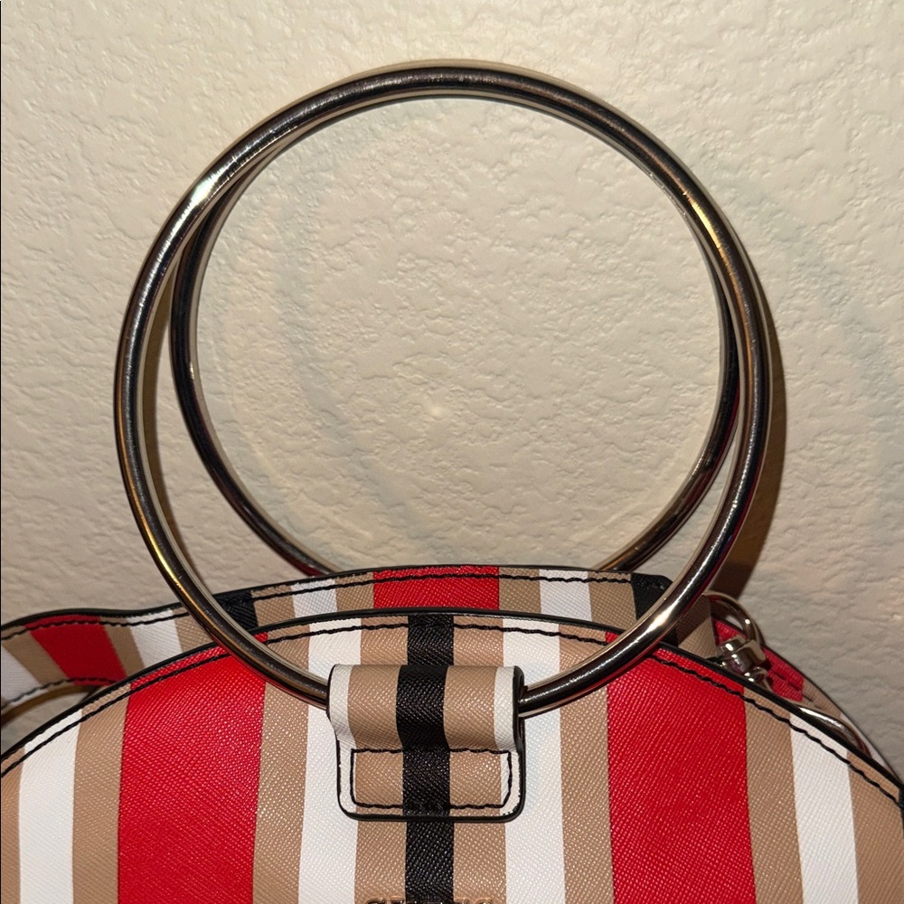 GUESS Red and Cream Striped Shoulder Bag with Gold Handles - Picture 3 of 16
